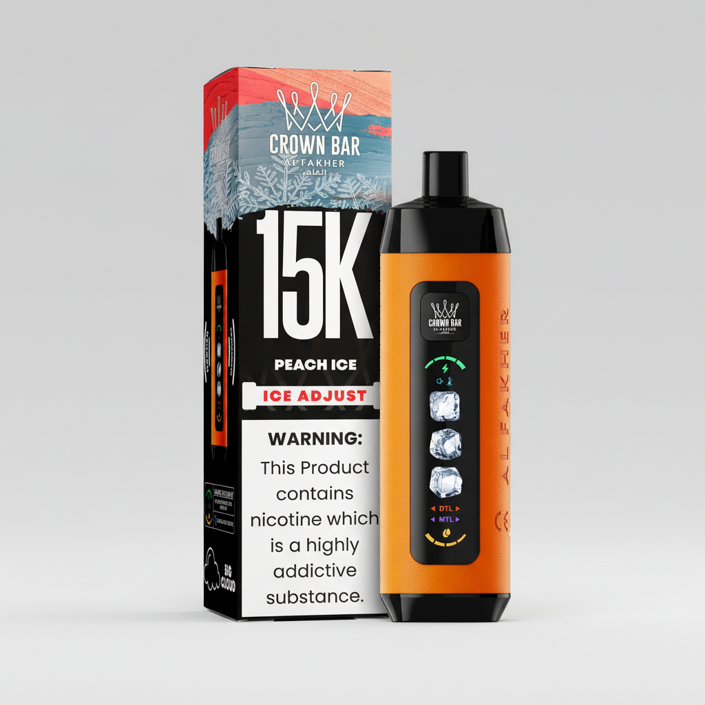 Crown Bar vape device and packaging with '15K Peach Ice' flavor on a white background