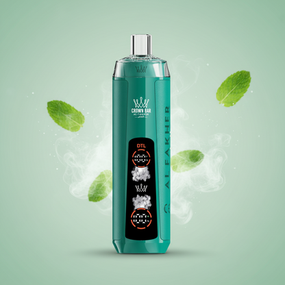 Teal vape device with packaging displaying brand logo and product details on a white background