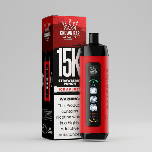Red and black vape device with 'Crown Bar' packaging on a white background