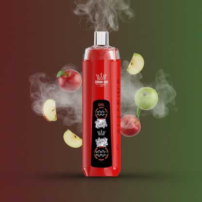 Red vape device with 'Crown Bar' branding next to its packaging on a white background