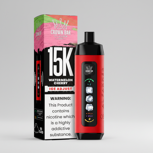 Red vape device with 'Crown Bar' packaging on a white background