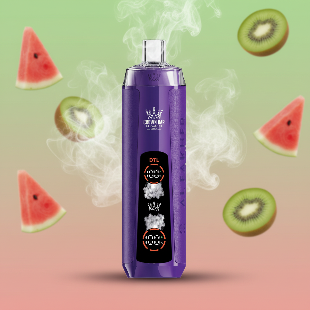 Purple vape device with 'Crown Bar' packaging on a white background