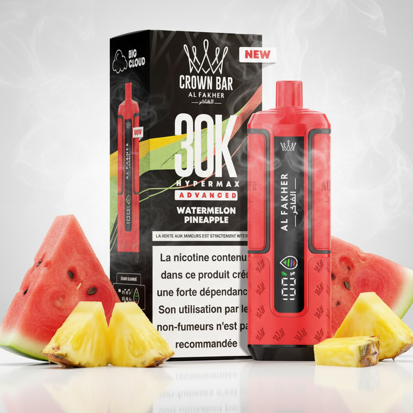 Red vape device with digital display and 'Al Fakher' branding next to its packaging.