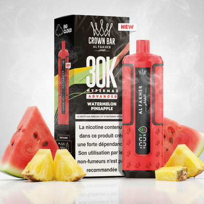 Red vape device with digital display and 'Al Fakher' branding next to its packaging.