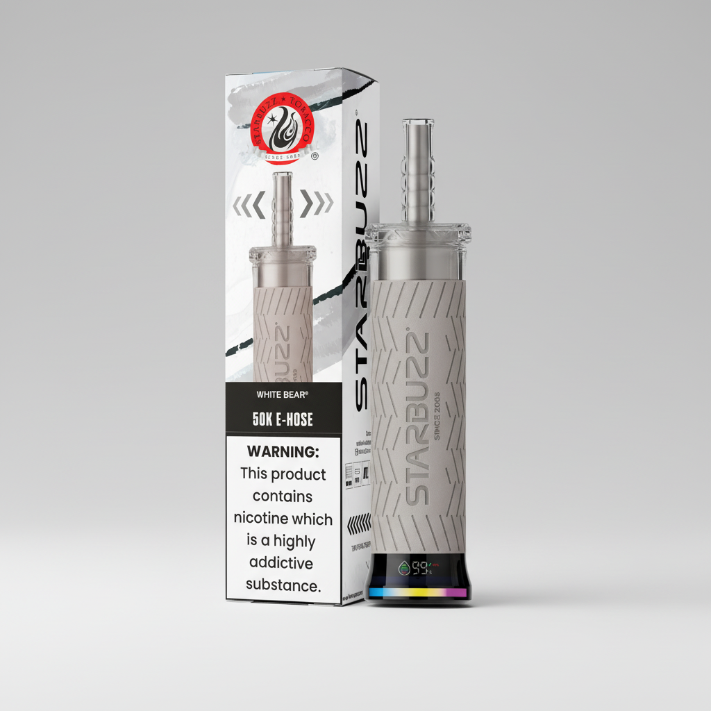 Starbuzz vape device with packaging and warning label on a white background
