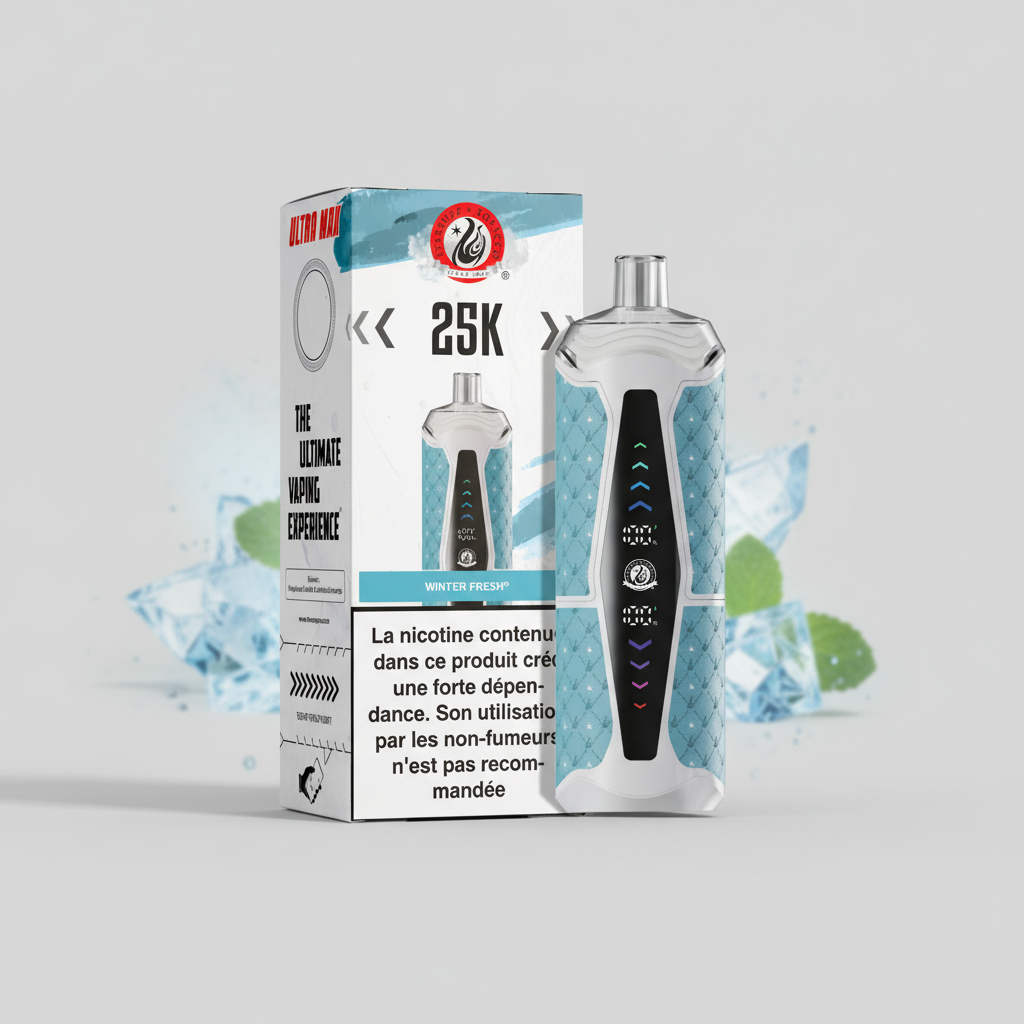 Vaping device with packaging featuring text and branding on a white background